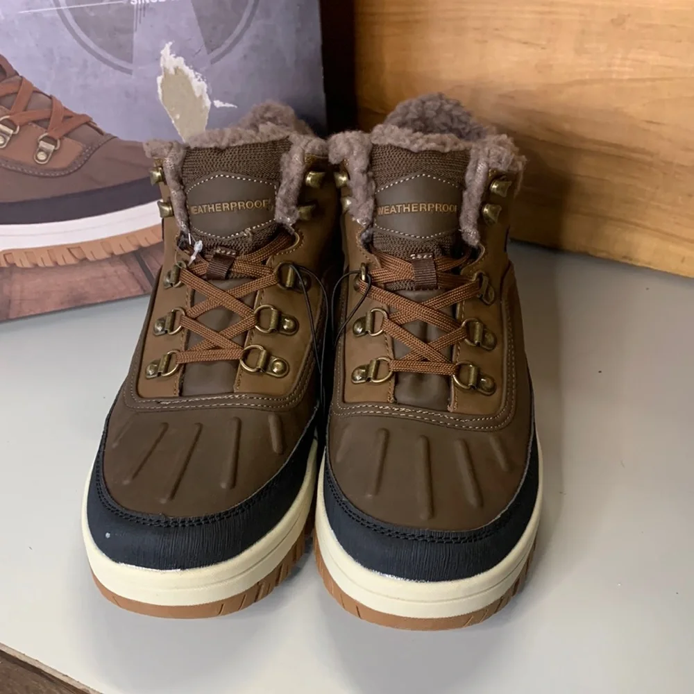 NEW Men’s Weatherproof Slope Boot Brown Black Leather Memory Foam